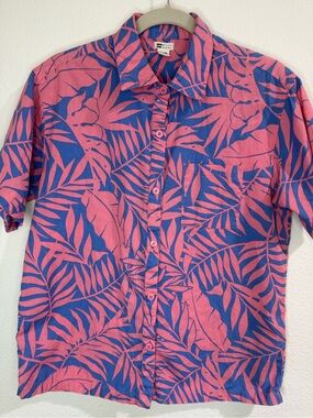 Billabong Pink and Blue Tropical Print Button-Up Shirt woman’s small linen blend